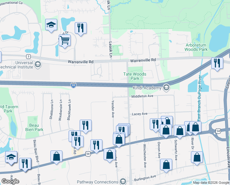 map of restaurants, bars, coffee shops, grocery stores, and more near 4415 Yender Avenue in Lisle
