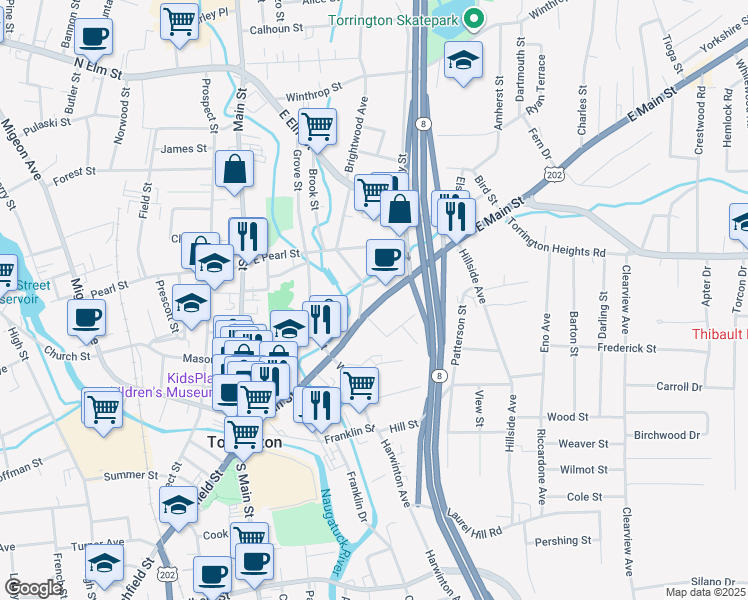 map of restaurants, bars, coffee shops, grocery stores, and more near 291 East Main Street in Torrington