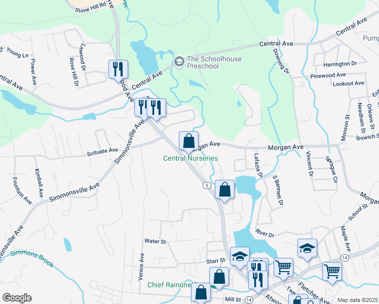 map of restaurants, bars, coffee shops, grocery stores, and more near 315 Morgan Avenue in Johnston