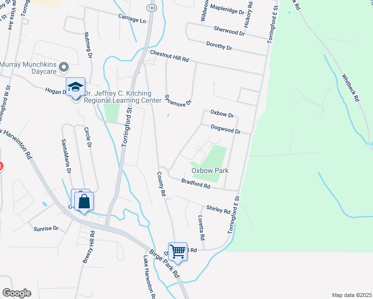 map of restaurants, bars, coffee shops, grocery stores, and more near 90 Oxbow Drive in Torrington