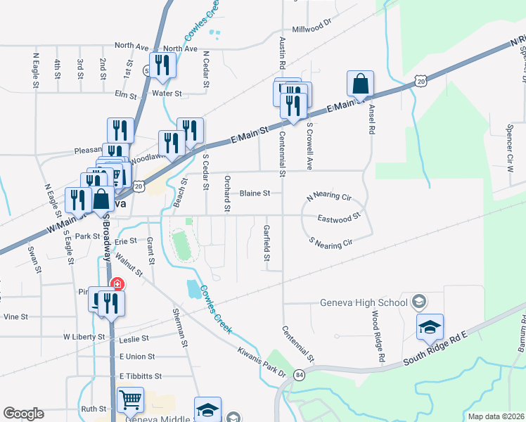 map of restaurants, bars, coffee shops, grocery stores, and more near 495 Eastwood Street in Geneva