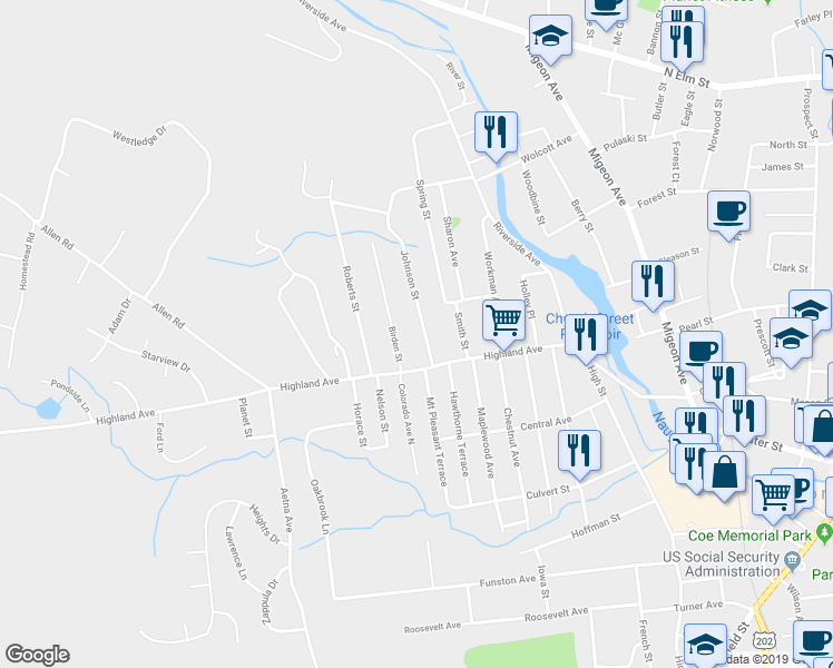 map of restaurants, bars, coffee shops, grocery stores, and more near 41 Johnson Street in Torrington