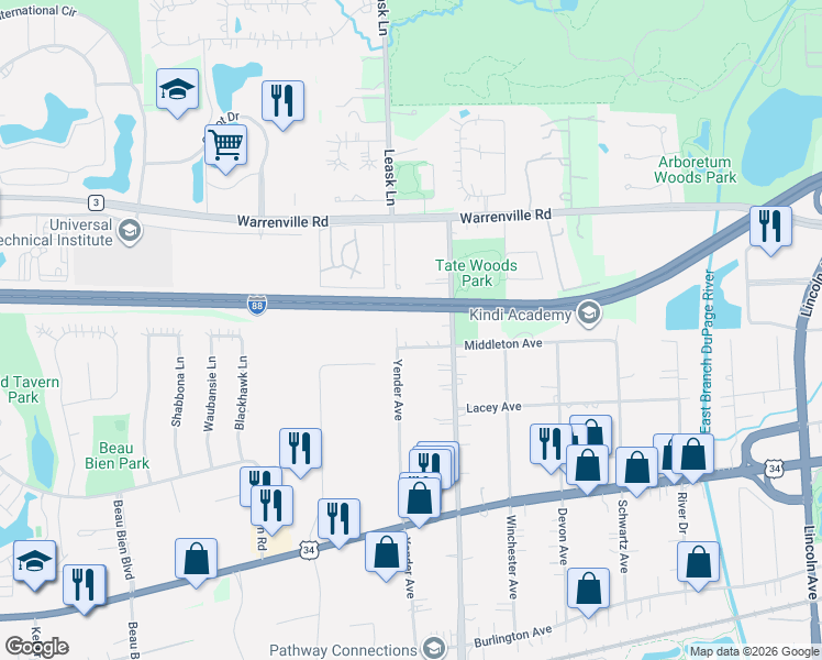 map of restaurants, bars, coffee shops, grocery stores, and more near 4415 Yender Avenue in Lisle