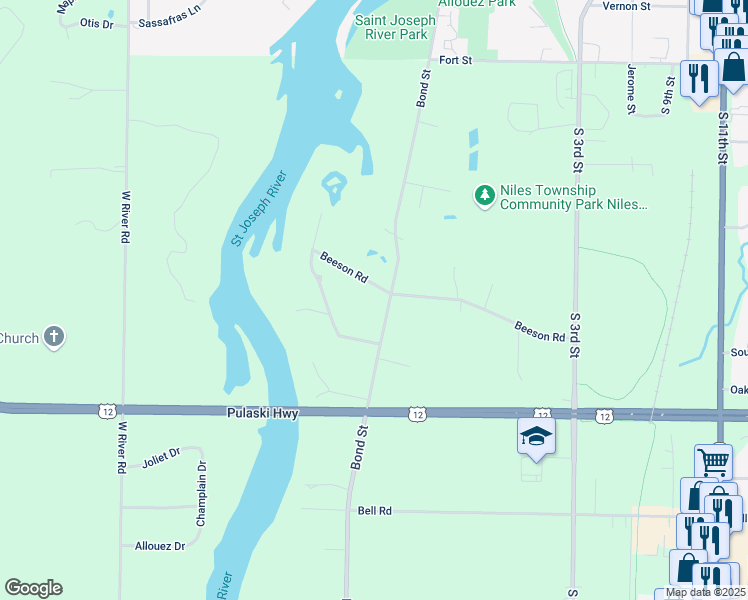 map of restaurants, bars, coffee shops, grocery stores, and more near 70 Beeson Road in Niles