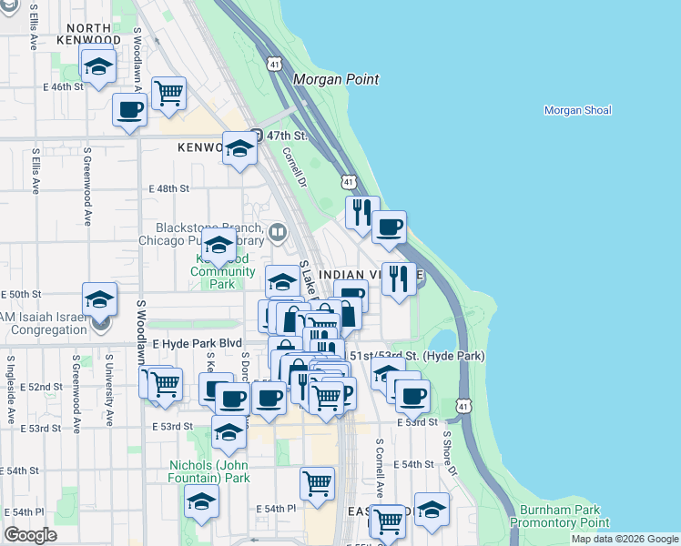 map of restaurants, bars, coffee shops, grocery stores, and more near 5001 South Lake Park Avenue in Chicago