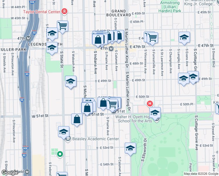 map of restaurants, bars, coffee shops, grocery stores, and more near 4927 South Prairie Avenue in Chicago