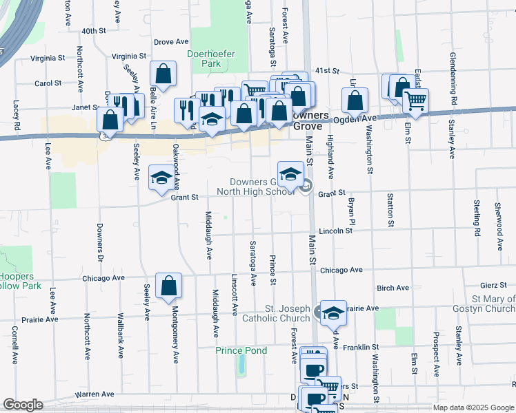 map of restaurants, bars, coffee shops, grocery stores, and more near 4509 Saratoga Avenue in Downers Grove