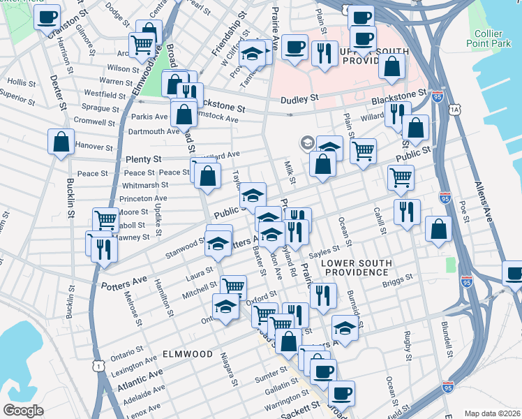 map of restaurants, bars, coffee shops, grocery stores, and more near 454 Public Street in Providence