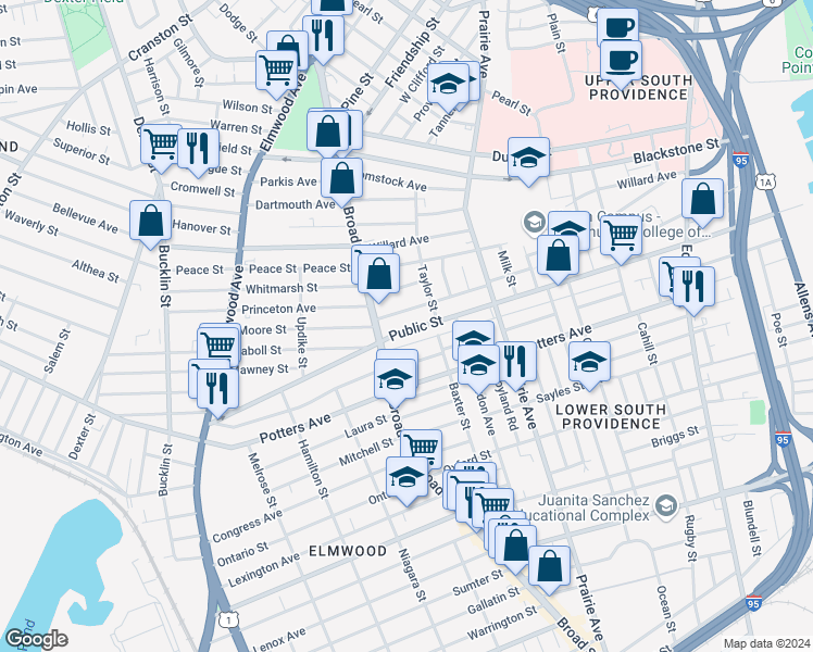 map of restaurants, bars, coffee shops, grocery stores, and more near 493 Public Street in Providence
