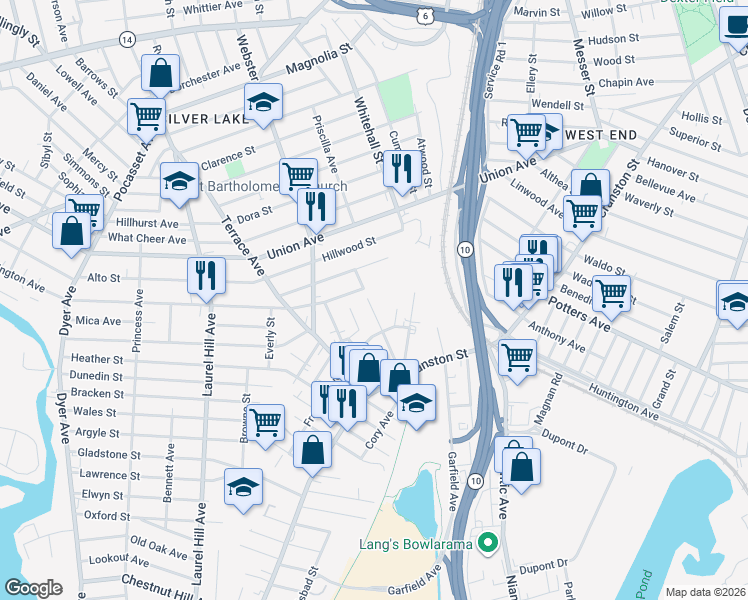 map of restaurants, bars, coffee shops, grocery stores, and more near 87 Grant Avenue in Cranston