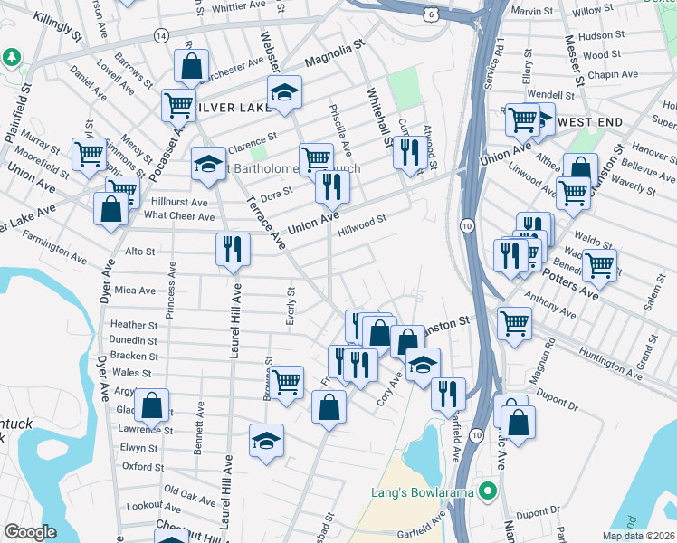 map of restaurants, bars, coffee shops, grocery stores, and more near 472 Farmington Avenue in Cranston