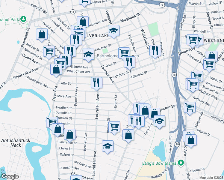 map of restaurants, bars, coffee shops, grocery stores, and more near 175 Terrace Avenue in Cranston