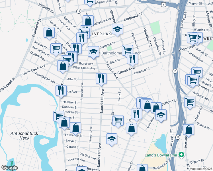 map of restaurants, bars, coffee shops, grocery stores, and more near 346 Farmington Avenue in Cranston