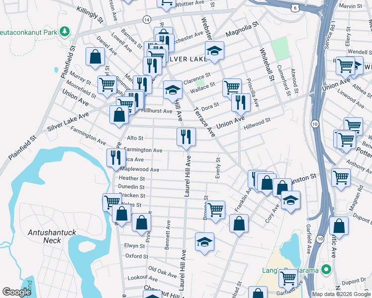 map of restaurants, bars, coffee shops, grocery stores, and more near 300 Farmington Avenue in Cranston