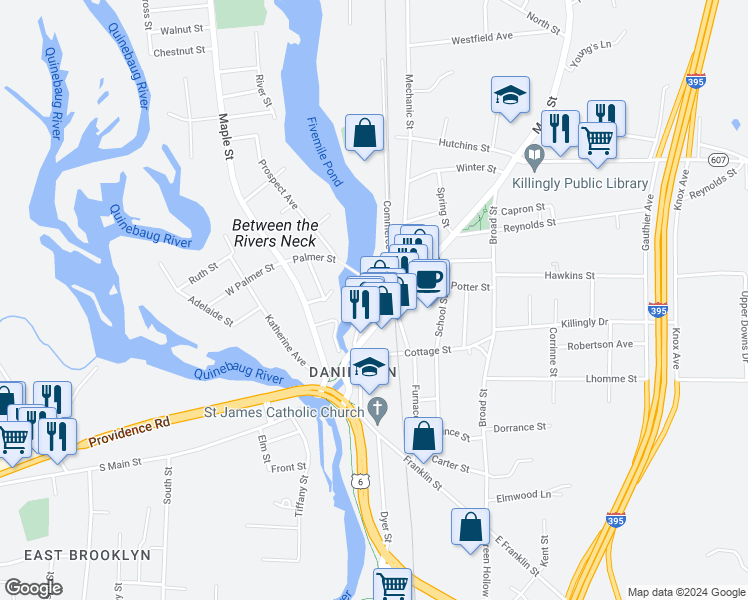 map of restaurants, bars, coffee shops, grocery stores, and more near 5 Commerce Avenue in Killingly