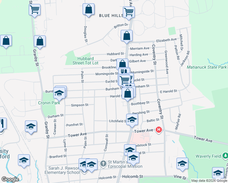 map of restaurants, bars, coffee shops, grocery stores, and more near 39 Burnham Street in Hartford