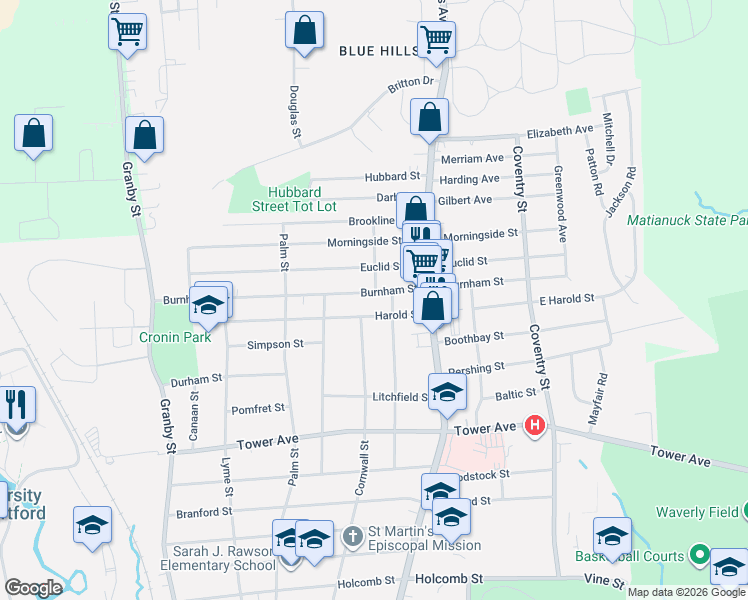 map of restaurants, bars, coffee shops, grocery stores, and more near 39 Burnham Street in Hartford