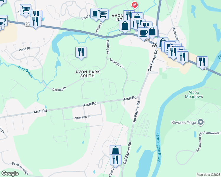 map of restaurants, bars, coffee shops, grocery stores, and more near 55 Security Drive in Avon