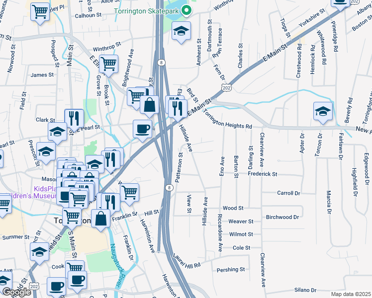 map of restaurants, bars, coffee shops, grocery stores, and more near 35 Patterson Street in Torrington