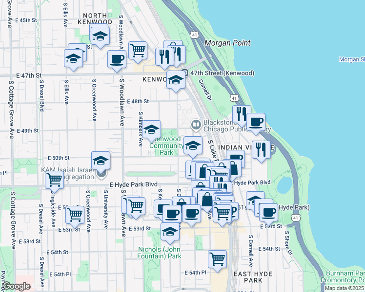 map of restaurants, bars, coffee shops, grocery stores, and more near 4926 South Blackstone Avenue in Chicago