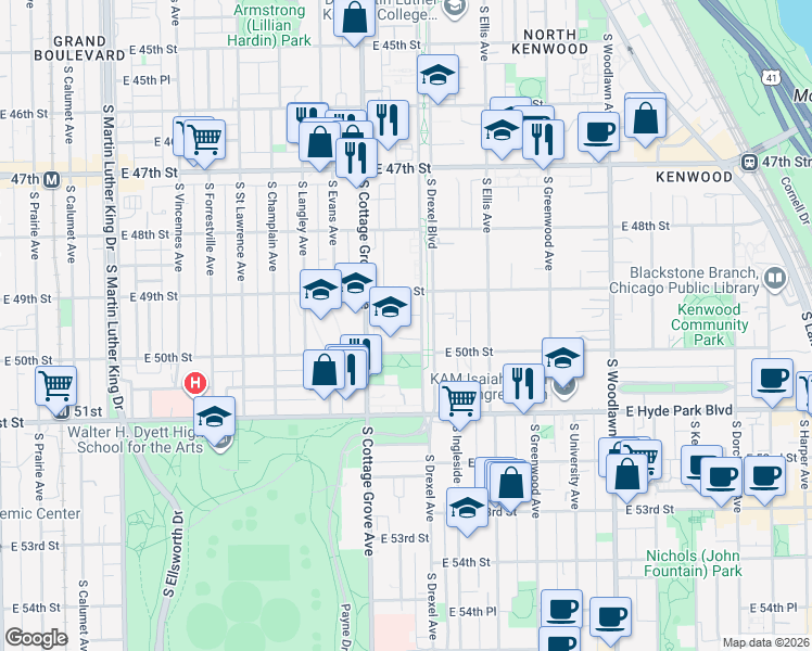 map of restaurants, bars, coffee shops, grocery stores, and more near 4926 South Drexel Avenue in Chicago