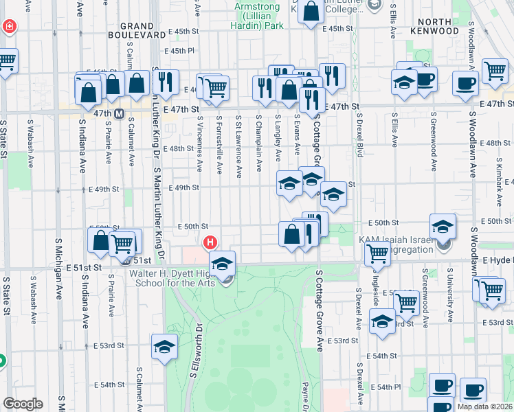 map of restaurants, bars, coffee shops, grocery stores, and more near 4926 South Champlain Avenue in Chicago