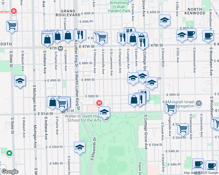 map of restaurants, bars, coffee shops, grocery stores, and more near 4925 South Forrestville Avenue in Chicago
