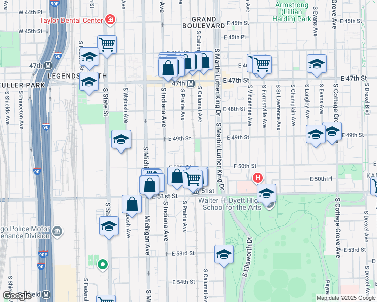map of restaurants, bars, coffee shops, grocery stores, and more near 4927 South Prairie Avenue in Chicago