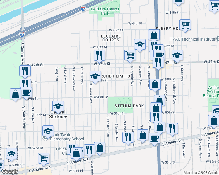 map of restaurants, bars, coffee shops, grocery stores, and more near 4823 South Leclaire Avenue in Chicago
