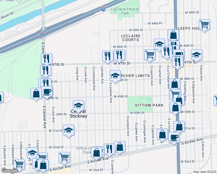 map of restaurants, bars, coffee shops, grocery stores, and more near 4834 South Laramie Avenue in Chicago