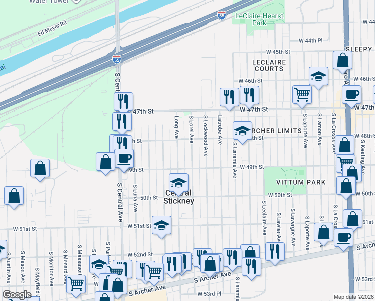 map of restaurants, bars, coffee shops, grocery stores, and more near 4819 Long Avenue in Chicago