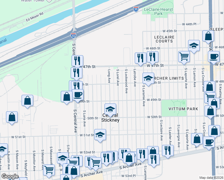 map of restaurants, bars, coffee shops, grocery stores, and more near 4819 Long Avenue in Chicago