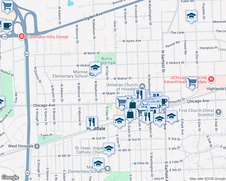 map of restaurants, bars, coffee shops, grocery stores, and more near 309 West Maple Street in Hinsdale