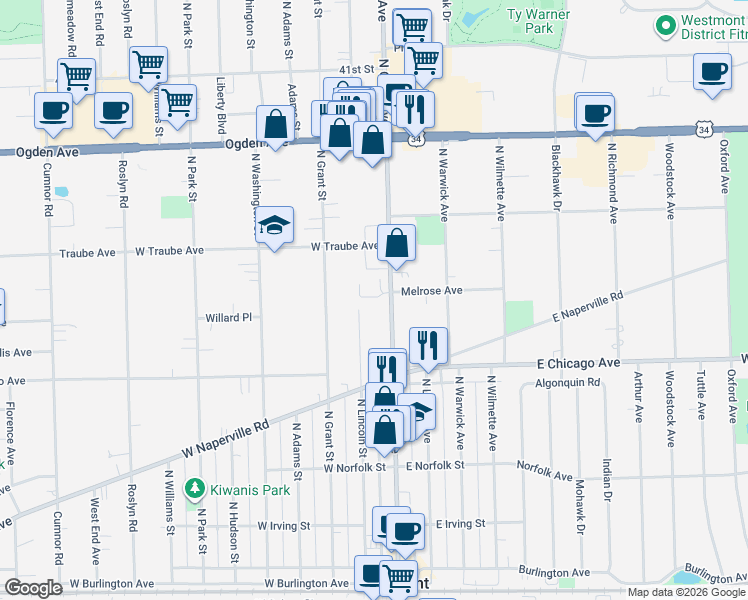 map of restaurants, bars, coffee shops, grocery stores, and more near 408 North Cass Avenue in Westmont