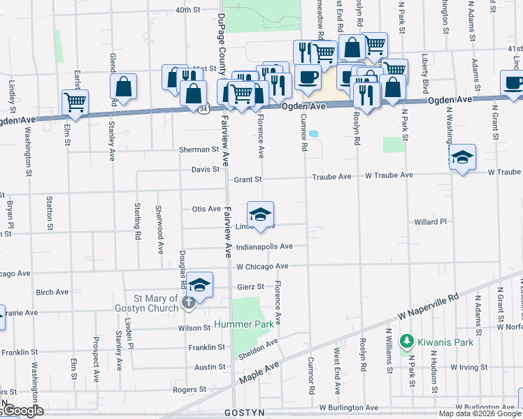 map of restaurants, bars, coffee shops, grocery stores, and more near 307 Otis Avenue in Downers Grove