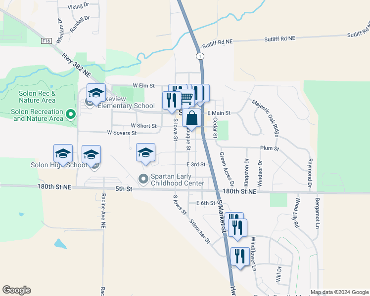 map of restaurants, bars, coffee shops, grocery stores, and more near 330 South Dubuque Street in Solon