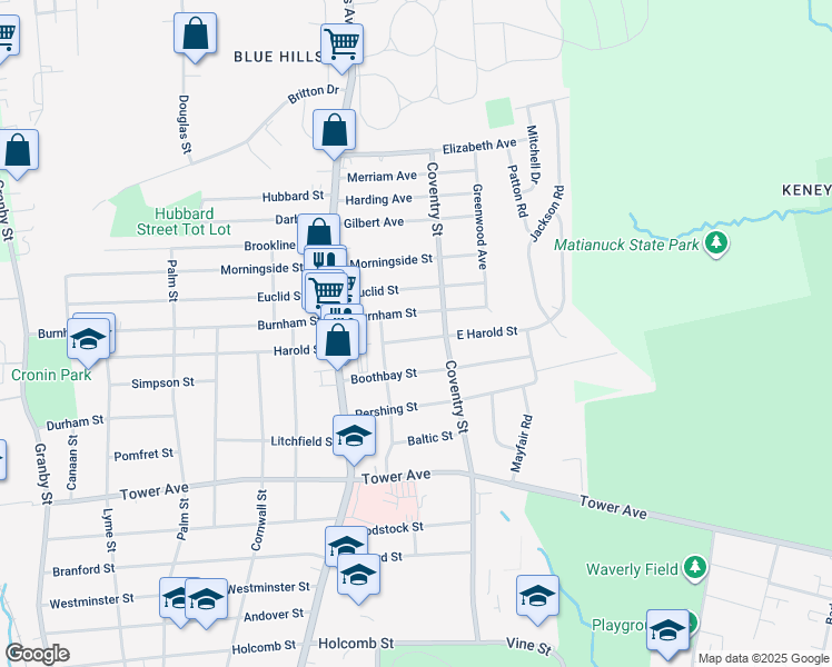 map of restaurants, bars, coffee shops, grocery stores, and more near 54 East Harold Street in Hartford