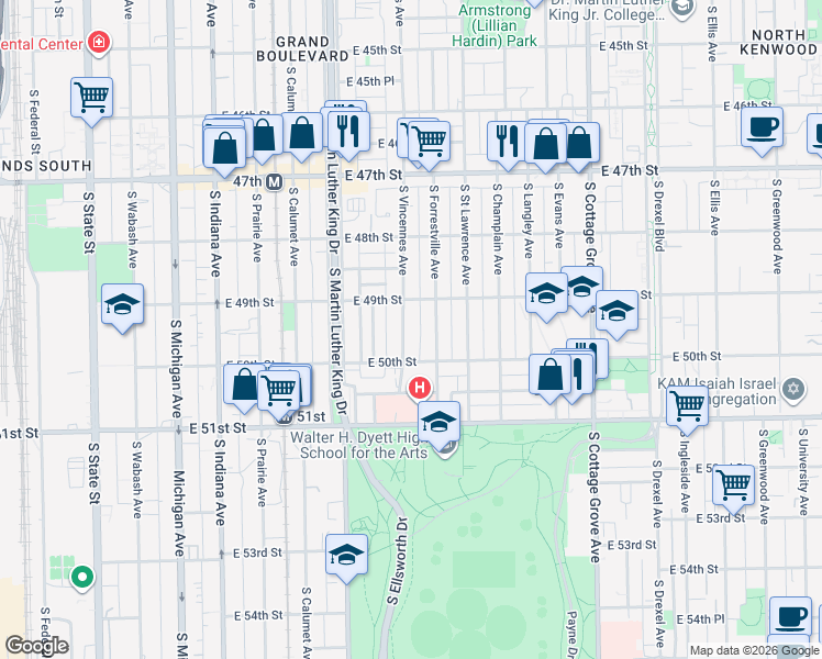 map of restaurants, bars, coffee shops, grocery stores, and more near 4925 South Vincennes Avenue in Chicago