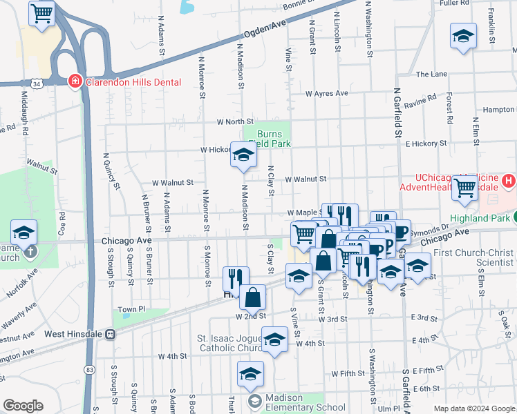map of restaurants, bars, coffee shops, grocery stores, and more near 411 West Maple Street in Hinsdale