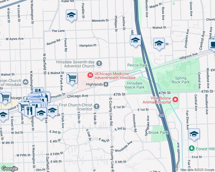 map of restaurants, bars, coffee shops, grocery stores, and more near 509 Highland Road in Hinsdale