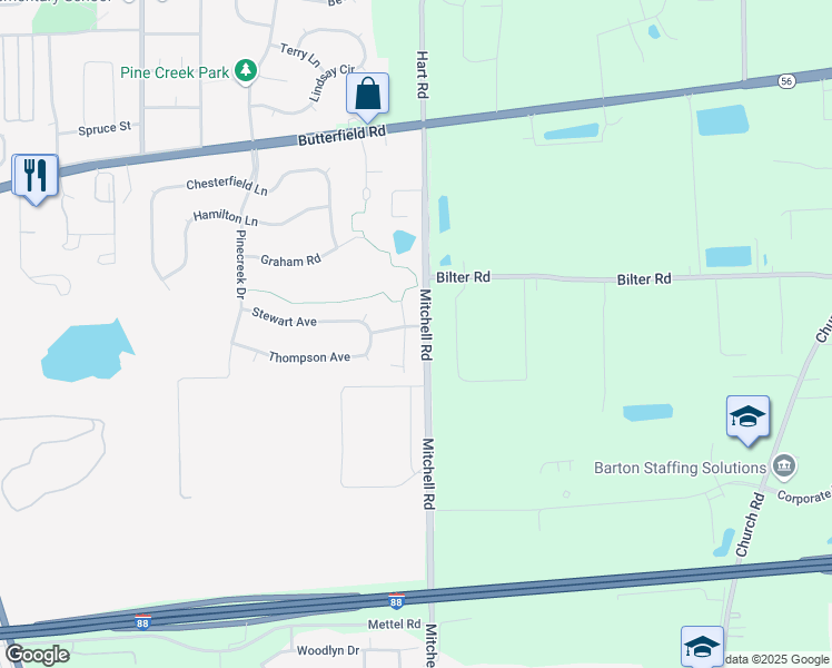 map of restaurants, bars, coffee shops, grocery stores, and more near 103 Schneider Court in North Aurora