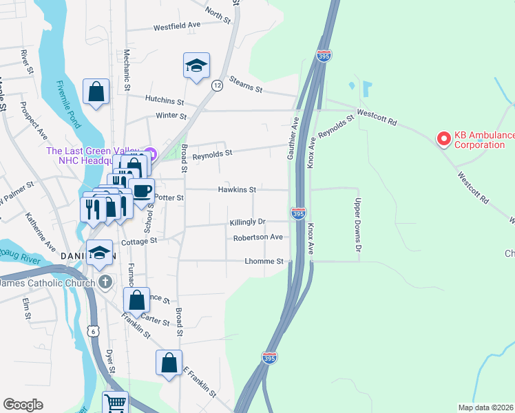 map of restaurants, bars, coffee shops, grocery stores, and more near 18 Highland Avenue in Killingly