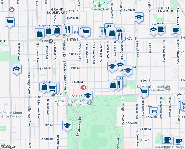 map of restaurants, bars, coffee shops, grocery stores, and more near 4925 South Forrestville Avenue in Chicago