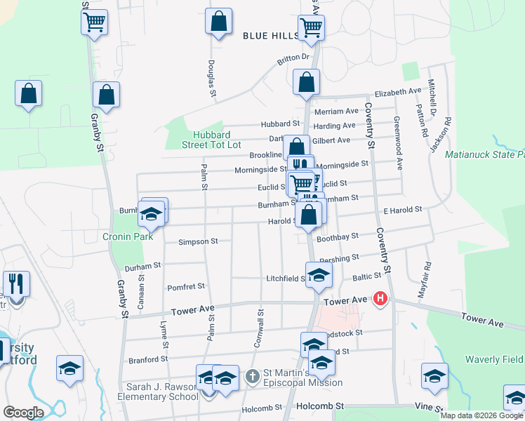 map of restaurants, bars, coffee shops, grocery stores, and more near 39 Burnham Street in Hartford