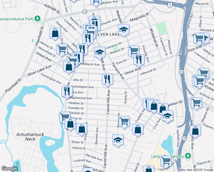 map of restaurants, bars, coffee shops, grocery stores, and more near 300 Farmington Avenue in Cranston