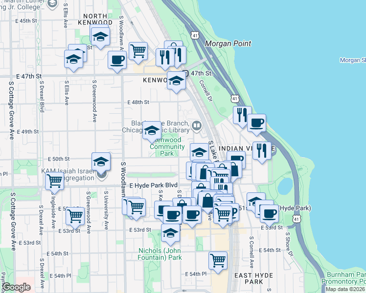 map of restaurants, bars, coffee shops, grocery stores, and more near 4926 South Blackstone Avenue in Chicago