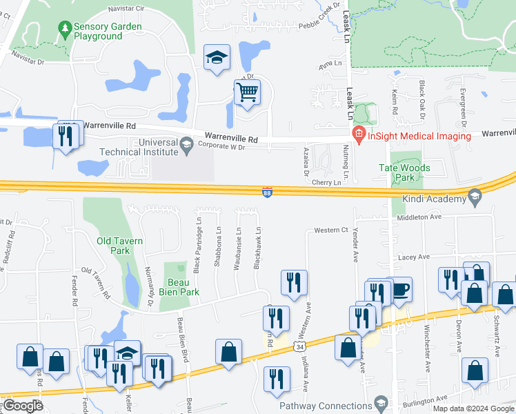 map of restaurants, bars, coffee shops, grocery stores, and more near 4409 Blackhawk Lane in Lisle