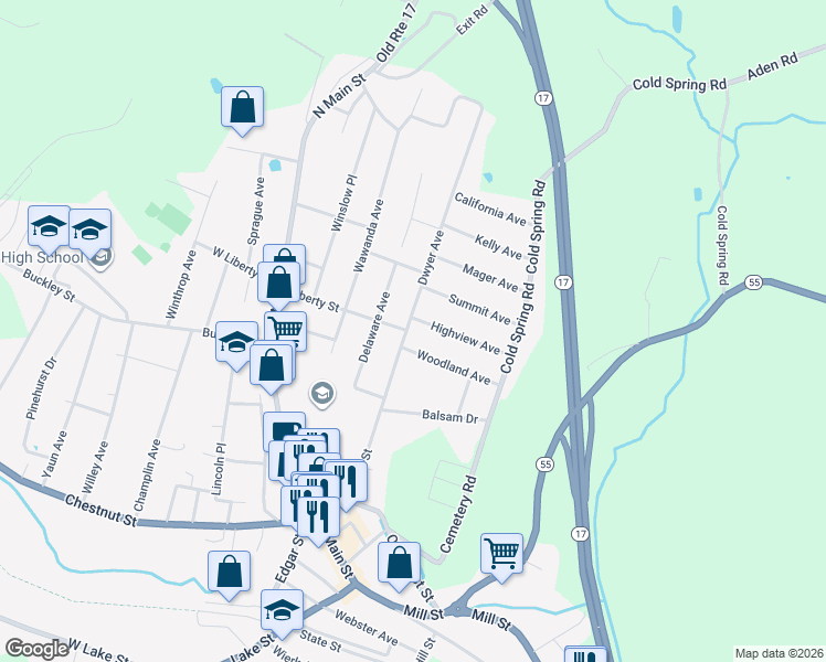 map of restaurants, bars, coffee shops, grocery stores, and more near 77 Dwyer Avenue in Liberty