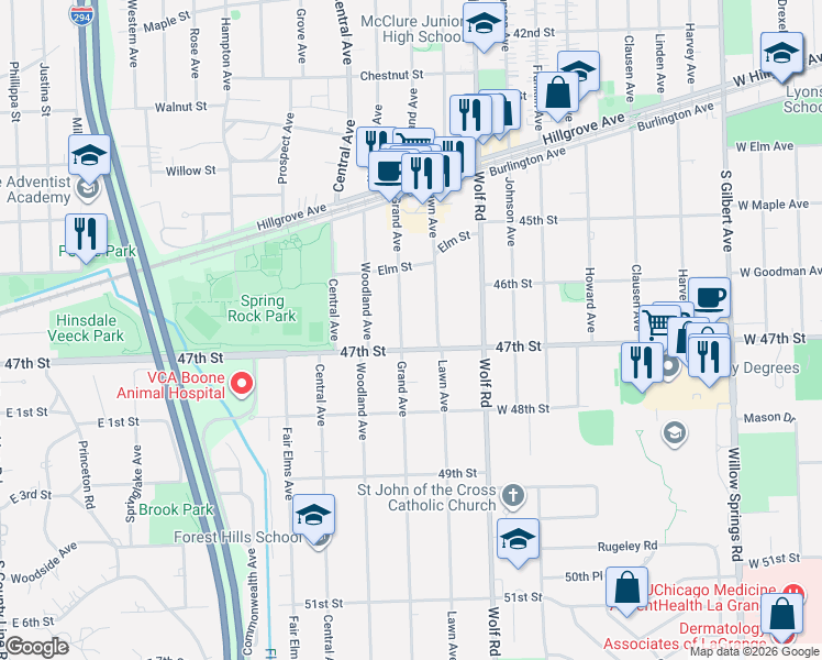 map of restaurants, bars, coffee shops, grocery stores, and more near 4633 Grand Avenue in Western Springs