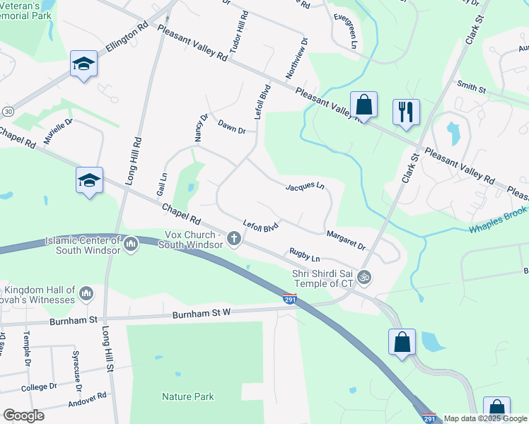 map of restaurants, bars, coffee shops, grocery stores, and more near 201 Margaret Drive in South Windsor